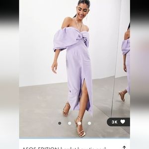 ASOS EDITION bardot bow tie neck detail midi dress in lilac